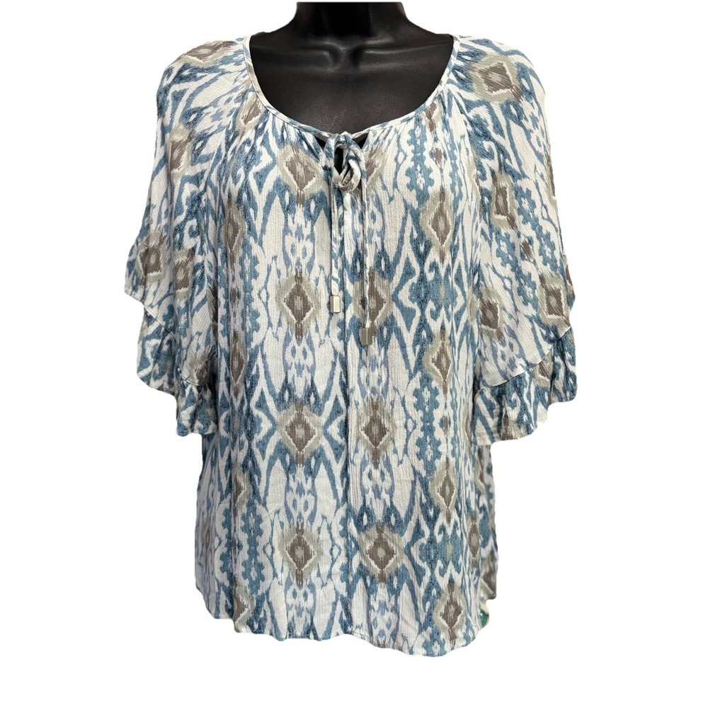 Love‎ Stitch White/Blue Geo Print Butterfly Short Sleeve Tie Neck Blouse Size S